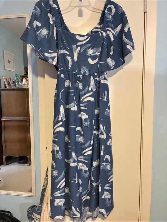 a new day Dresses & Skirts - Navy & White Tie-Back, Open Back Midi Dress with Flutter Sleeves